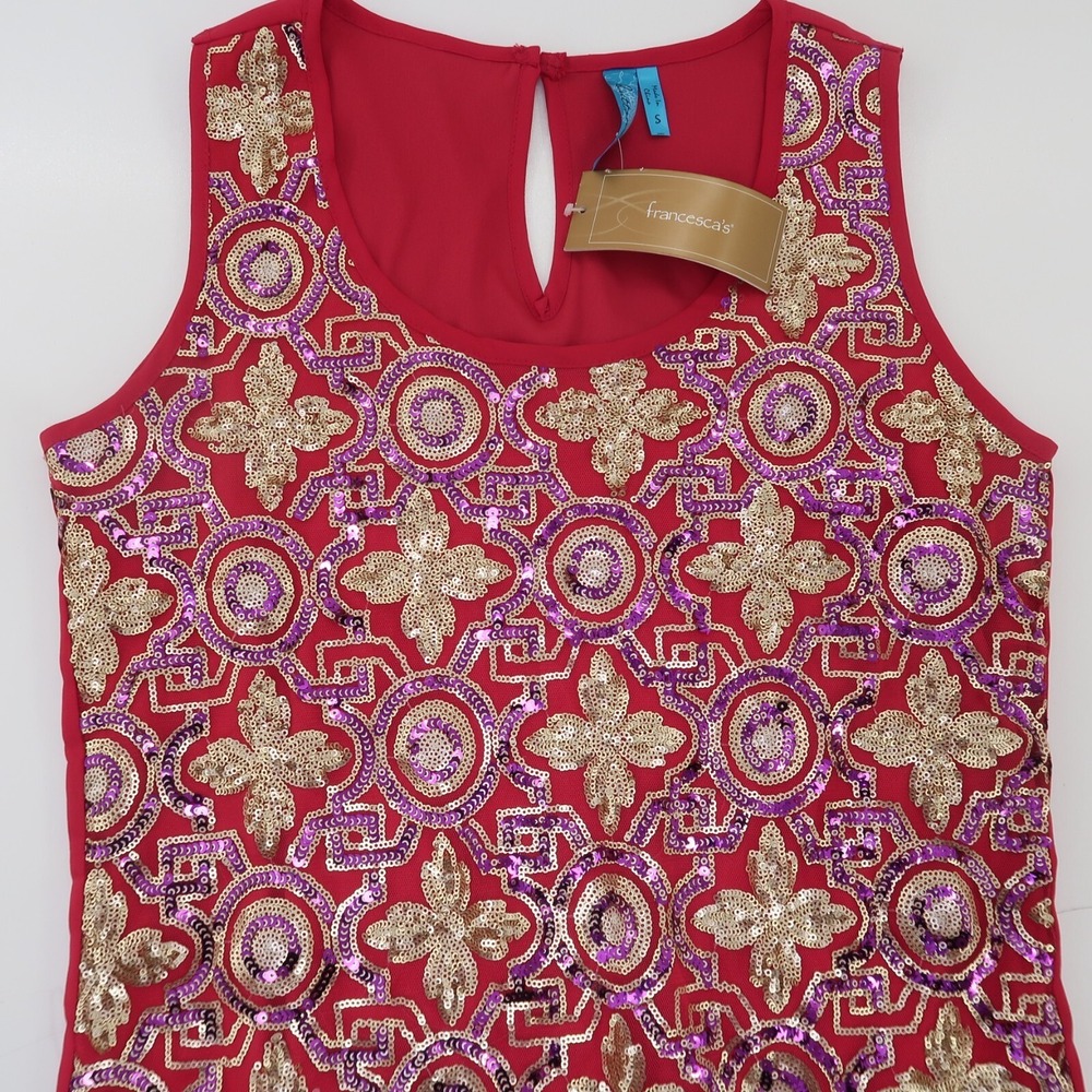 Francesca Red Sequin Beaded Dress Size Small Medallion Loose Holiday Shimmer